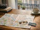 Plan de ville, billet de musée et titre de transport posés sur une table