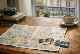 Plan de ville, billet de musée et titre de transport posés sur une table