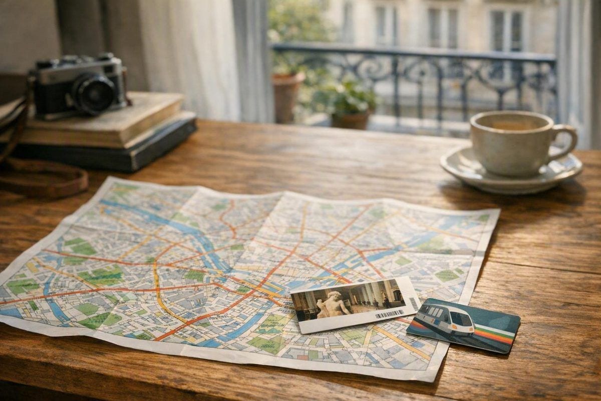 Plan de ville, billet de musée et titre de transport posés sur une table